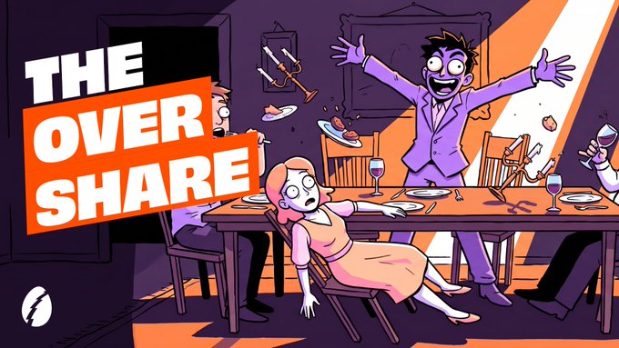 The cartoon image displays bold text reading "THE OVER SHARE" alongside a chaotic dinner scene where a man enthusiastically raises his arms while a woman slumps in her chair with a shocked expression, illustrating the campaign's theme of encouraging people to share unusually personal or bizarre facts about themselves.