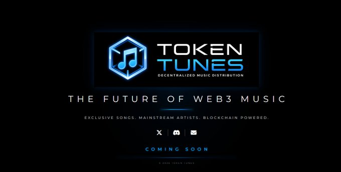 A dark-themed promotional banner for 'Token Tunes' advertising 'The Future of Web3 Music' with the tagline 'Exclusive Songs. Mainstream Artists. Blockchain Powered.' and a 'Coming Soon' notice.
