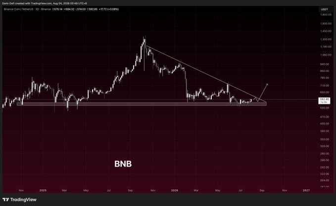 A candlestick chart from TradingView displays BNB/USDT on Binance, showing a descending triangle pattern with key support at ~$592.85 (current price) since Nov 2024, alongside the caption "BNB," illustrating how the token has quietly consolidated at this critical floor while attention has shifted elsewhere.