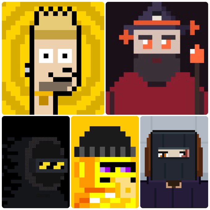 A collection of pixel art character portraits in a 2x3 grid, featuring various stylized figures including one with blonde hair, a wizard-like figure in red, a dark ninja, a yellow character with purple eyes, and a figure with a black hood.