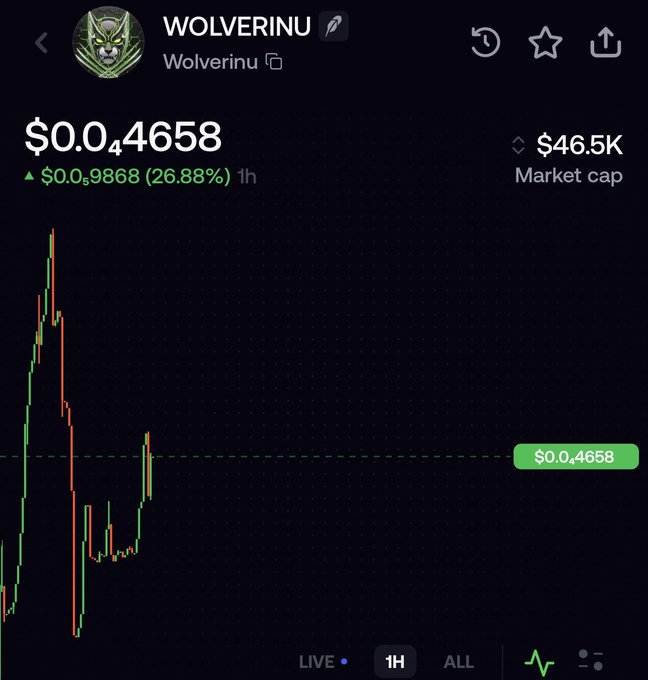 A cryptocurrency price chart displays the WOLVERINU token at $0.04658, up 26.88% over 1 hour, with a market cap of $46.5K.