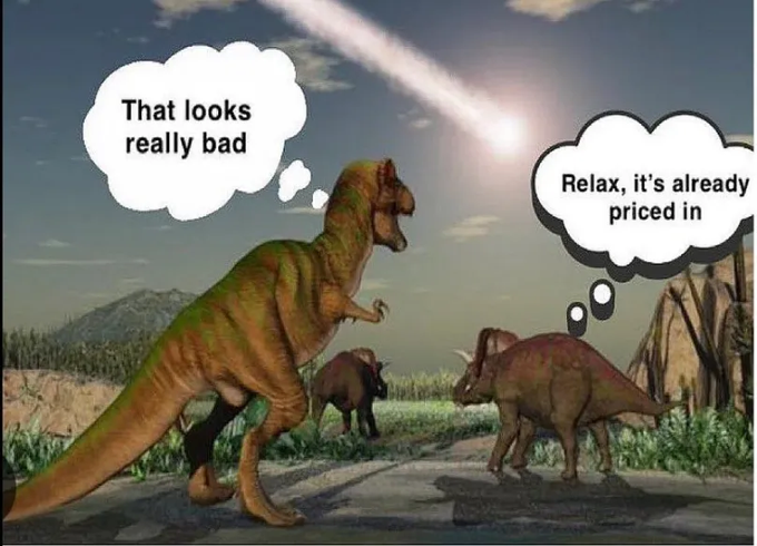 The image shows a meme featuring two dinosaurs (a T-Rex and a Triceratops) facing a meteor streaking across the sky, with the T-Rex thinking "That looks really bad" while the Triceratops responds "Relax, it's already priced in." 

This meme humorously relates to the post by using the classic "already priced in" stock market joke to comment on the launch of Donald Trump's Truth Social token, suggesting traders/investors should stay calm despite potentially alarming news.