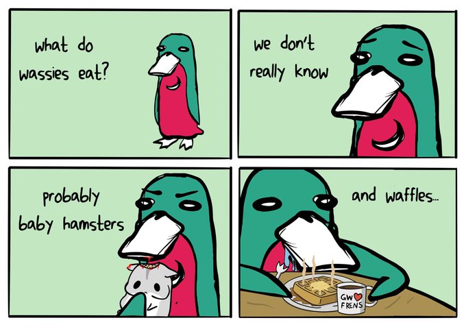 A four-panel comic featuring a green and red bird-like creature asks 'what do wassies eat?' and answers 'we don't really know', 'probably baby hamsters', and 'and waffles..', with the final panel showing the creature eating waffles next to a mug labeled 'GW FRENS'.