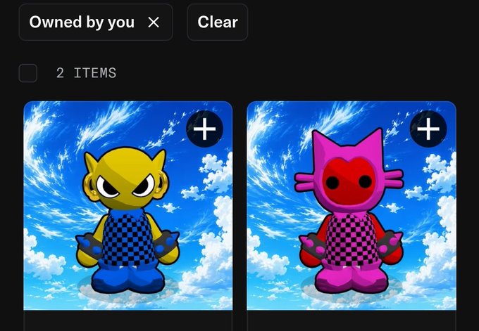 A digital collectibles interface showing two NFT characters—one yellow and one pink with a heart face—both wearing checkered outfits against a cloudy sky background, under an 'Owned by you' filter with 2 items.