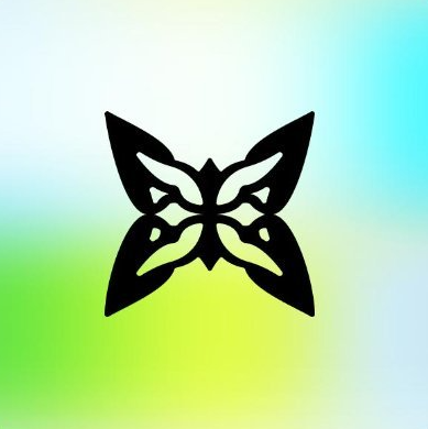 A black butterfly logo is centered on a gradient background that fades from light blue at the top to lime green at the bottom.