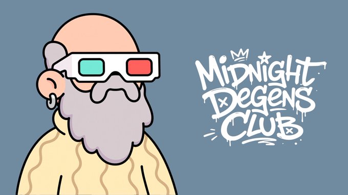 Illustration of a bearded bald man wearing red-blue 3D glasses next to graffiti-style text reading 'Midnight Degens Club' with a small crown.