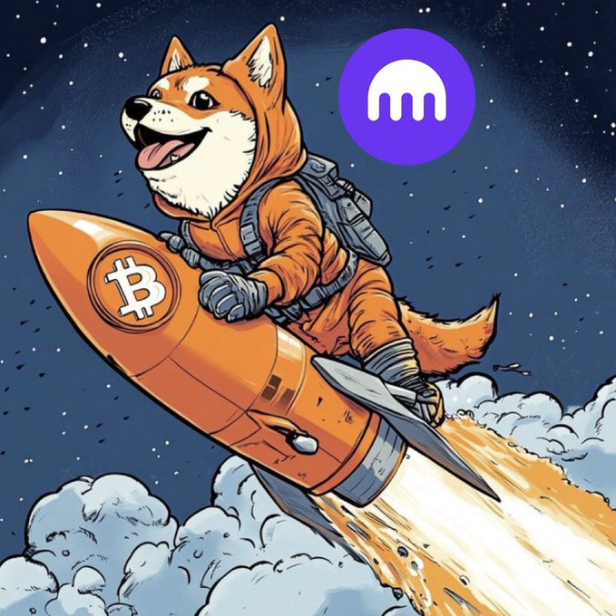 A cartoon illustration of a Shiba Inu dog dressed in an orange astronaut suit riding a Bitcoin-branded rocket through clouds, with a purple Kraken-style logo in the corner.