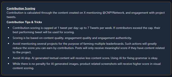 Contribution scoring guidelines for CNPYNetwork, noting tweets are capped at 1/day and 7/week, with penalties for AI slop and multi-project farming.