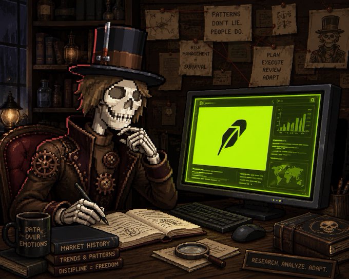 A steampunk skeleton trader in a top hat sits at a desk analyzing charts on a green-screen monitor displaying Robinhood's logo, surrounded by books on "Market History" and "Trends & Patterns," a "Data Over Emotions" mug, and motivational notes like "Patterns Don't Lie, People Do." The image cleverly ties to the post by branding the free mint collab as research-driven crypto alpha, with the disciplined skeleton "trader" symbolizing the analytical approach behind the RobinhoodChain project.