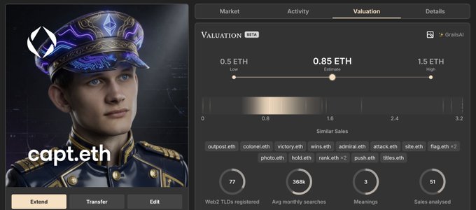 The image features a computer screen with two lists side by side, one of which contains the words "Capital markets" written under the word "Capt." The other list displays various numbers such as 0.85 eth, 0.35 eth, 1 eth, and 0.46 eth. Additionally, there is a caption underneath that reads: "Estimate Valuation ENS domain Capt.eth - 0.86 eth Capt.eth listed for only 0.39 eth on @grailsmarket grails.app/capt.eth". This information suggests the image may be related to a discussion or analysis of the cryptocurrency market, as they are discussing the estimated value of a person's digital identity in the form of a Caput Eth hat.