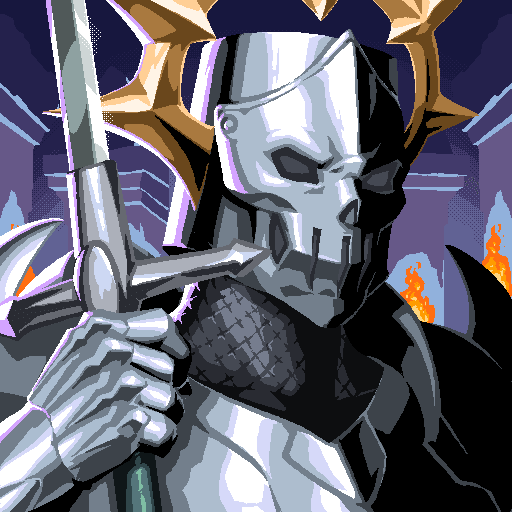 Pixel art illustration of an armored knight wearing a horned helmet and skull-like face plate, holding a sword against a dark background with flames.