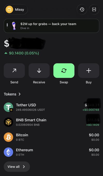 The screenshot displays the Trust Wallet app interface for user "Missy," showing a portfolio balance with holdings in Tether USD (249.49 USDT, +$0.000748), BNB Smart Chain (0.02 BNB, ~$11.86), and 0 balances for Bitcoin and Ethereum, along with Send, Receive, Swap, and Buy action buttons. The image illustrates the updated, more organized layout being praised in the post about Trust Wallet's latest version.