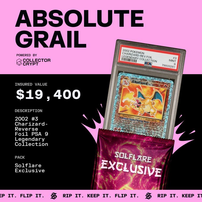 The image showcases a graded 2002 Pokémon Legendary Collection Reverse Foil Charizard #3 PSA 9, insured at $19,400, pulled from a $250 Solflare Exclusive pack. The "Absolute Grail" promotional graphic, powered by Collector Crypt, highlights this rare Solflare Exclusive find with bold pink and black branding.