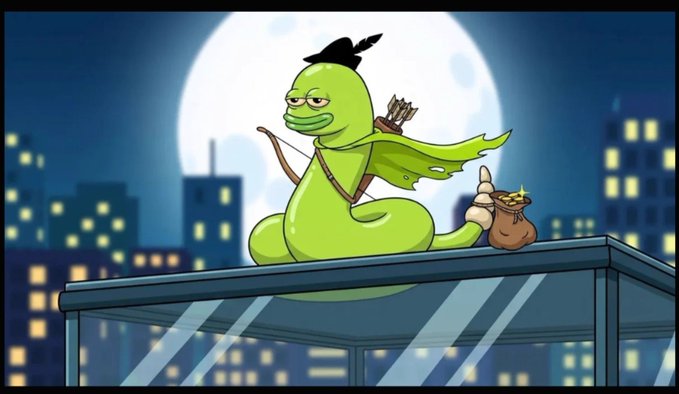 Cartoon illustration of a green worm-like character dressed as Robin Hood with a feathered cap and bow, sitting on a rooftop under a full moon with a city skyline in the background, giving a thumbs-up next to a money bag.
