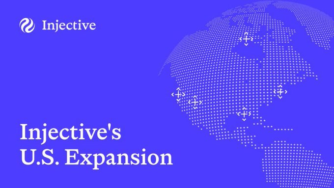 A purple and blue gradient graphic features the Injective logo and text reading "Injective's U.S. Expansion" next to a dotted globe map with location markers.