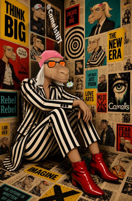 A digital artwork of an anthropomorphic camel character in a striped suit, pink cap, and red boots, sitting against a wall covered in posters with text like 'THINK BIG', 'CREATE OR DIE', 'THE NEW ERA', and 'CamelsNFT'.