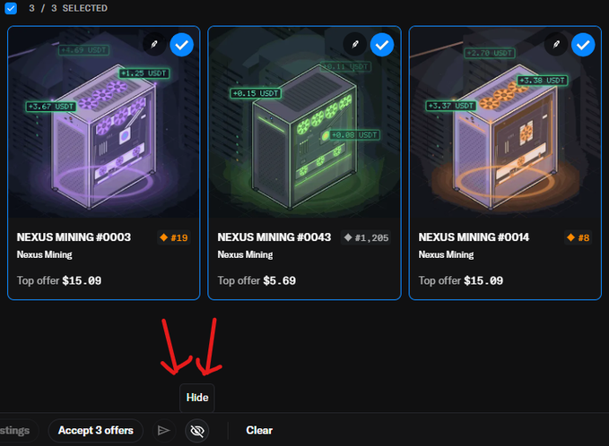 A user has selected 3 Nexus Mining NFTs (#0003, #0043, #0014) on OpenSea, with red arrows pointing to the "Hide" button at the bottom of the screen. The image illustrates the final step in the process of hiding these NFTs in the OpenSea interface, likely as part of the instructions for managing the Nexus Mining collection.