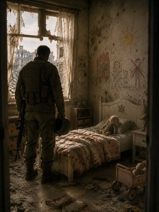 A dramatic illustration of a soldier in tactical gear standing with his back turned in a destroyed child's bedroom, looking out a broken window at a ruined cityscape.