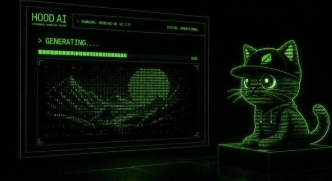 A glowing green terminal screen displays "HOOD AI" running "HOOD/AI-OS v0.1.0" at 58% generation progress, positioned beside a 3D wireframe cat hologram wearing a leaf-emblazoned cap on a pedestal, visually representing the AI-powered NFT mascot from the Hood AI project on the Robinhood Chain.