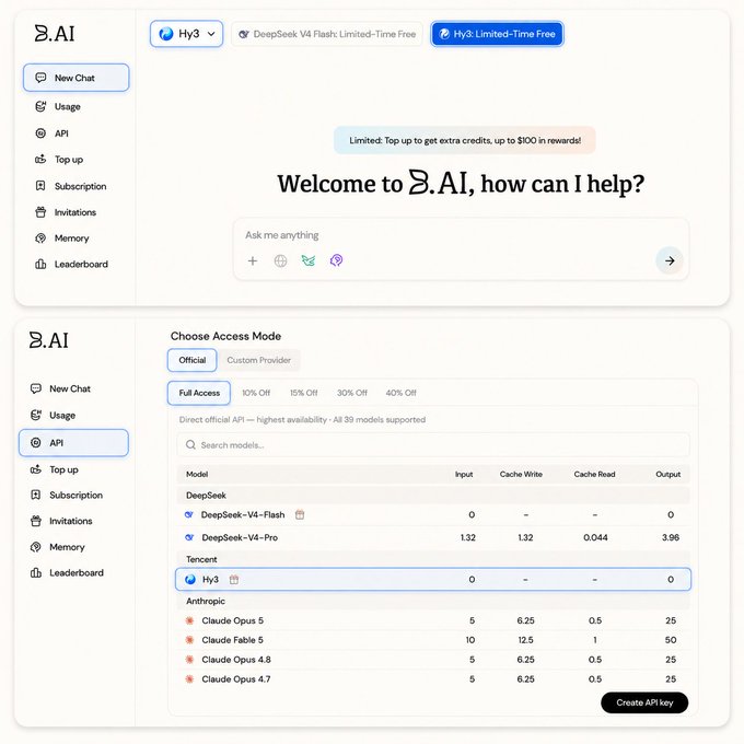A screenshot of the S.AI platform showing the chat interface and API access page with pricing for models like DeepSeek-V4-Flash, DeepSeek-V4-Pro, Hy3, and various Claude Opus versions, highlighting a limited-time free promotion.