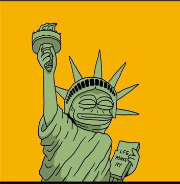 An illustrated Statue of Liberty in green against a yellow background holding a tablet that reads 'LFG PONKS NY'.