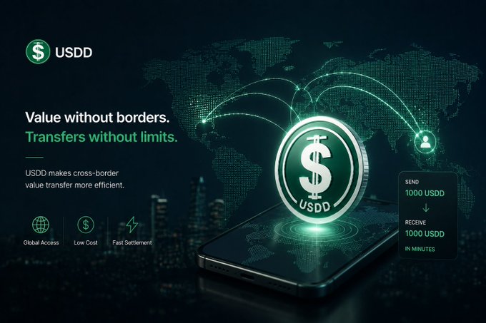 A promotional graphic for USDD cryptocurrency featuring the tagline 'Value without borders. Transfers without limits.' with a glowing dollar coin above a smartphone and world map.