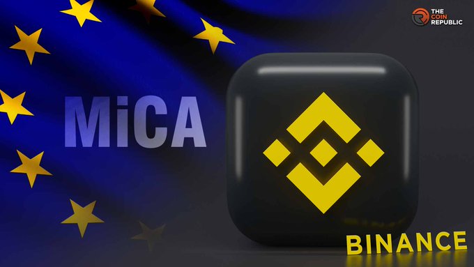 The image features the Binance logo alongside the text "MiCA" set against the European Union flag background, with "The Coin Republic" watermark visible. The visual illustrates the post's message about how Europe's MiCA regulations would have protected traders from Binance-related liquidations.