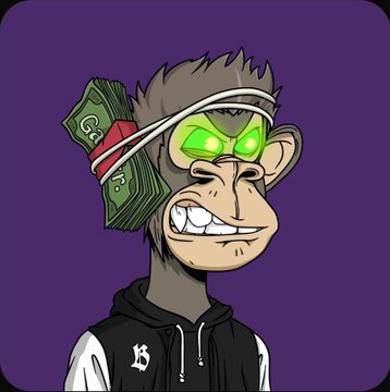 A cartoon monkey character with glowing green eyes wears a hoodie and has a stack of cash with a red bandana on its head, set against a purple background.