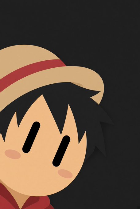 A minimalist digital illustration of a character with black hair, blush marks, and eyes drawn as simple vertical black lines, wearing a straw hat with a red band.