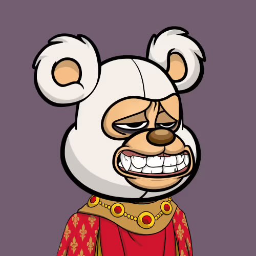 A cartoon-style NFT illustration of a white bear character with a mischievous grin, wearing a red royal robe with gold fleur-de-lis patterns and a red gem necklace.