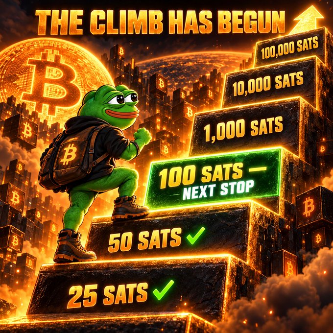 A Pepe the Frog meme character in Bitcoin-themed attire climbs glowing steps labeled '25 SATS', '50 SATS', '100 SATS - NEXT STOP', '1,000 SATS', '10,000 SATS', and '100,000 SATS' with the text 'THE CLIMB HAS BEGUN'.