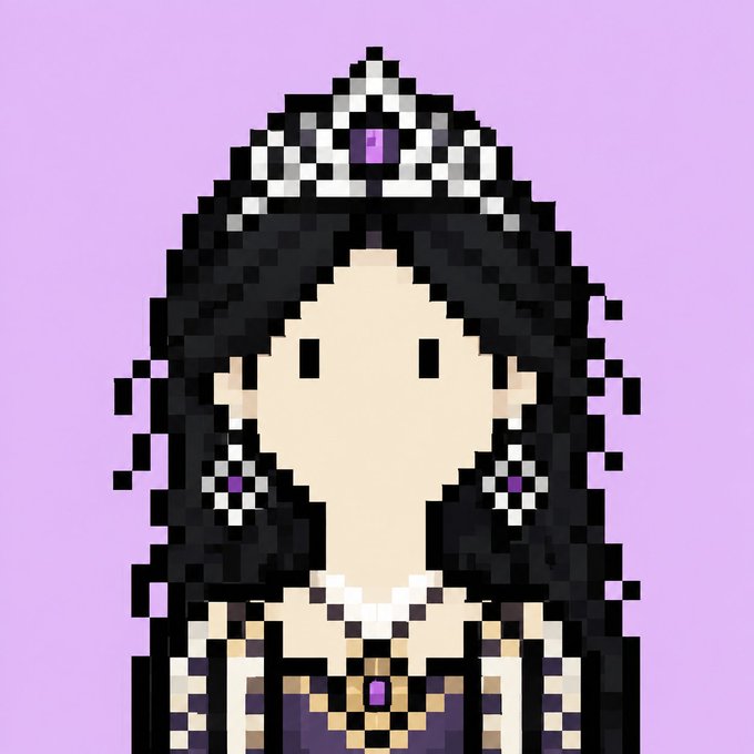 A pixel art portrait of a queen character with long black hair, a silver and purple crown, and elegant purple jewelry set against a lavender background, embodying the regal "Queen" persona referenced in the BlnkINC post.