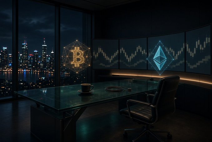 A dark, modern office space at night with holographic Bitcoin and Ethereum symbols, stock charts on monitors, and a city skyline visible through the window.