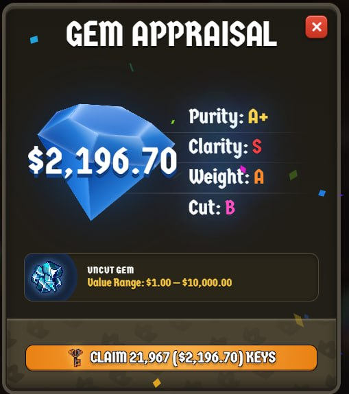 A 'GEM APPRAISAL' screen showing a blue diamond valued at $2,196.70 with Purity A+, Clarity S, Weight A, Cut B, and a button to claim 21,967 keys.
