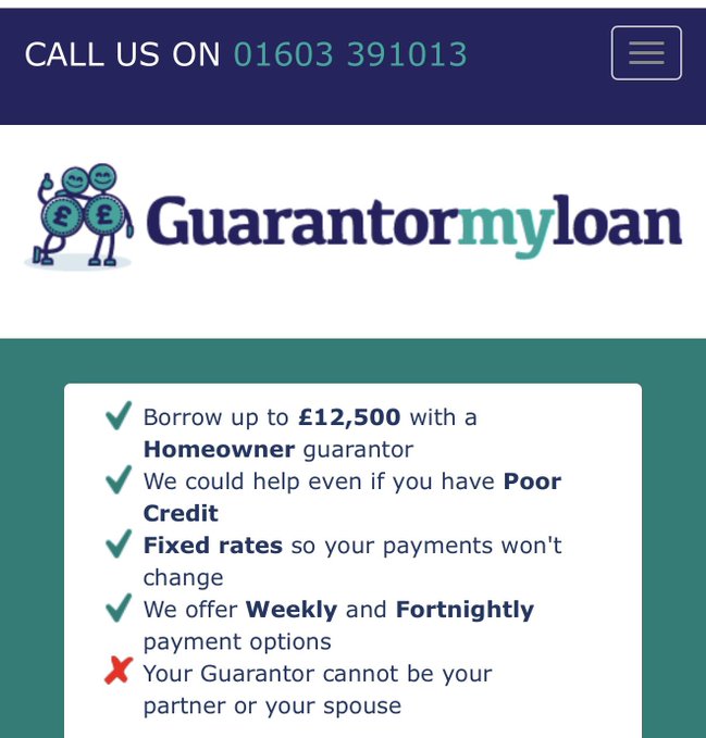 A screenshot of the Guarantor My Loan website displays a contact number "01603 391013" and lists loan features including borrowing up to £12,500 with a homeowner guarantor, fixed rates, and weekly/fortnightly payment options. The image relates to the post as it provides financial lending information that appears to be the alternative option being offered to the recipient instead of direct financial help.