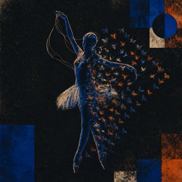 A duplicate of the previous image, showing the same blue ballerina surrounded by dispersing butterflies against a textured dark background with geometric accents.