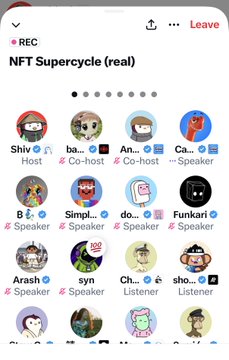 A screenshot of a Clubhouse room titled 'NFT Supercycle (real)' showing various speaker avatars.