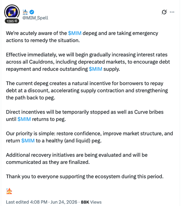 A tweet from @MIM_Spell (88K views, June 24, 2026) announcing emergency measures in response to the $MIM stablecoin depeg, including interest rate increases across Cauldrons, suspended direct incentives, and halted Curve bribes until $MIM returns to peg.