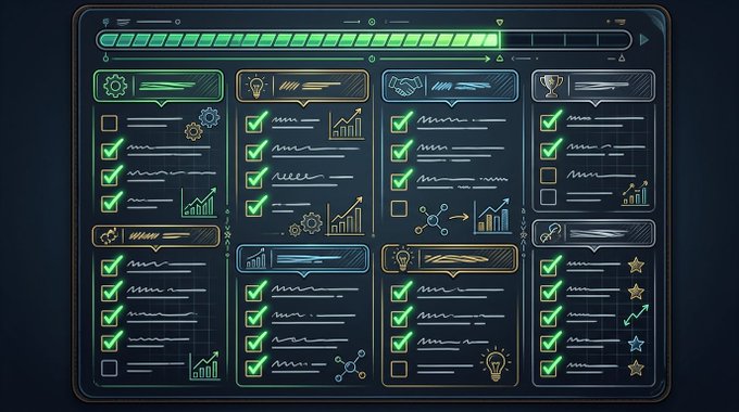 A futuristic dashboard interface with a green progress bar at top and multiple panel sections featuring checkmarks, gear icons, lightbulbs, charts, and trophy icons in a neon green and blue color scheme.