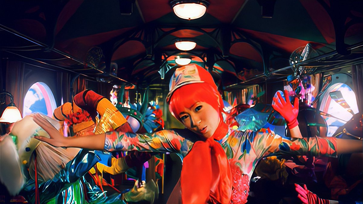 A vibrant, colorful photo of a woman with bright orange/red hair and an orange outfit with a matching hat, posing with arms outstretched in an ornately decorated room with mirrored ceilings, chandeliers, and other costumed figures.