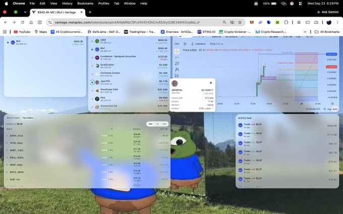 A cluttered computer desktop screenshot showing a Solana memecoin trading platform (vantage.metaplex) with BLUP token holders/activity feed, price charts, and Pepe the Frog wallpaper in the background.