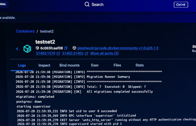 A screenshot of a Pi Network node monitoring dashboard showing the "testnet2" container running "pinetwork/pi-node-docker-community-v1.0-p26.1.0" successfully, with logs confirming all 7 migrations completed successfully on 2026-07-28. The interface displays the container is operating smoothly, aligning with the post's claim about v26.1 nodes running seamlessly ahead of the August 11th Mainnet launch announcement.