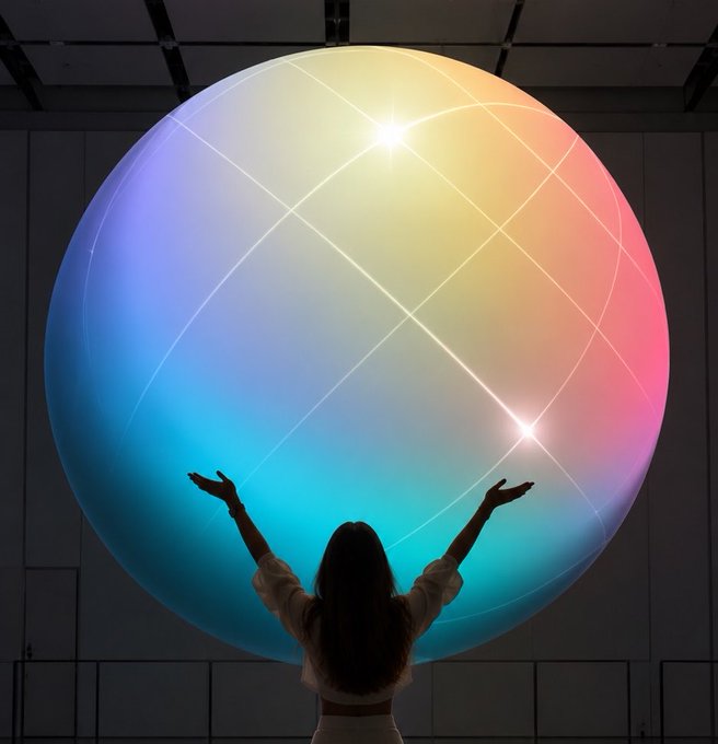 A woman silhouetted with raised arms standing before a massive illuminated spherical art installation displaying a colorful gradient of blue, purple, pink, and yellow light, with lens flares creating an ethereal atmosphere.