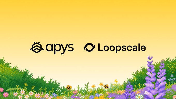 A cheerful graphic with a yellow sky and pixel-art wildflowers at the bottom displays the logos for "apys" and "Loopscale."