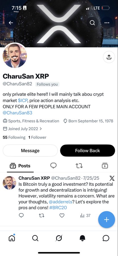 The image shows a Twitter/X profile page for "CharuSan XRP" (@CharuSan82), which appears to be a scam account impersonating someone (likely Justin/Charu, given the embedded post), boasting about being "private elite" and offering crypto analysis of $XRP and $SICR to a "few people." The impostor account, using the same profile photo and similar phrasing, supports the caption's warning about an impersonation scam targeting the XRP community.