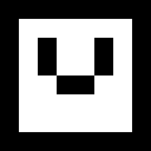 A simple black and white pixel art image resembling a face with two rectangular eyes and a rectangular mouth shape on a white background.