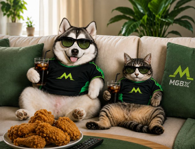 A digitally created image of a husky dog and a tabby cat wearing sunglasses and matching black and green 'M' logo t-shirts, lounging on a couch with iced drinks, fried chicken, and a remote control.
