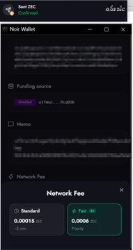 A Noir Wallet interface displays a Send ZEC confirmation window with an amount of 0.02 ZEC, highlighting the Network Fee section at the bottom with options for Standard (0.00015 ZEC) and a selected low fee option of 0.00006 ZEC marked as "Priority," illustrating the tip about checking the Network Fee when sending ZEC.