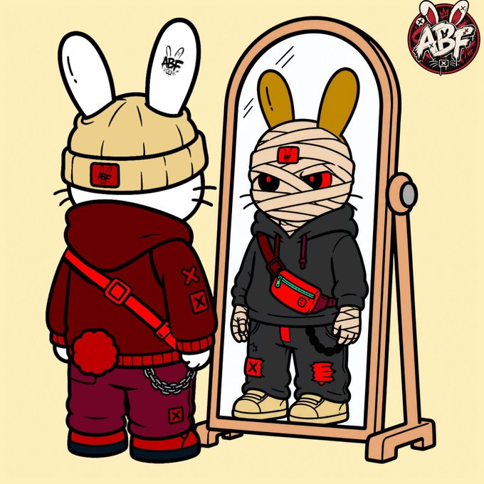A stylized bunny character with an "ABF" logo on its beanie and ears stands before a mirror, revealing a mummy-wrapped reflection wearing dark streetwear and a red crossbody bag. The artwork ties into an NFT giveaway post by @alterbun_nft and @Mapemaofweb3, promoting 5 GTD and 10 FCFS mints of an 888-supply collection priced at 0.0008 ETH for FCFS.
