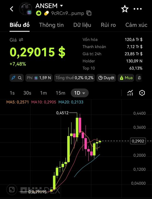 A cryptocurrency trading interface in Vietnamese showing the token 'ANSEM' (pump.fun address 9cRCn9...) at a price of '0,29015 $' with a +7.48% gain, displaying a candlestick chart and stats like 'Vốn hóa 120,6 Tr $' and 'Holder 130,09 N'.